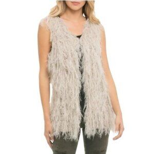 Anthro ELAN In the Fuzz Shag Vest Beige Sleeveless Open Fluffy Shaggy Furry Sz S